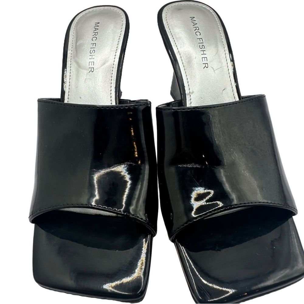 Marc Fisher Rollo Black Patent Leather Mule Wedges Size 6